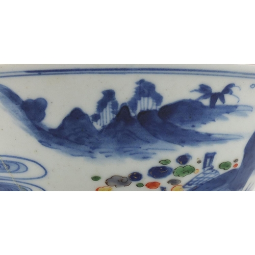 397 - Chinese porcelain bowl, hand painted with figures, fish and flowers, six figure Xuande character mar... 