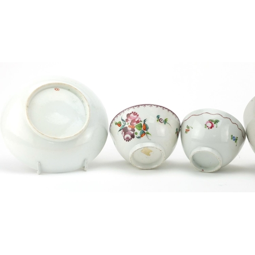 683 - 18th Century english teaware comprising a Newhall bowl, three tea bowls and two saucers, the largest... 