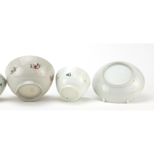 683 - 18th Century english teaware comprising a Newhall bowl, three tea bowls and two saucers, the largest... 