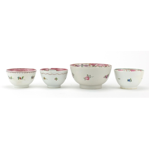 683 - 18th Century english teaware comprising a Newhall bowl, three tea bowls and two saucers, the largest... 