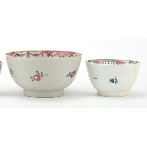 683 - 18th Century english teaware comprising a Newhall bowl, three tea bowls and two saucers, the largest... 