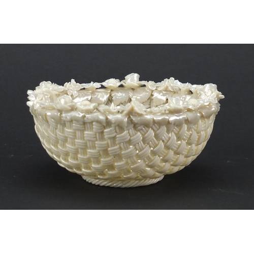 704 - Early Belleek basket design porcelain bowl, with floral encrusted rim, impressed Belleek to the base... 