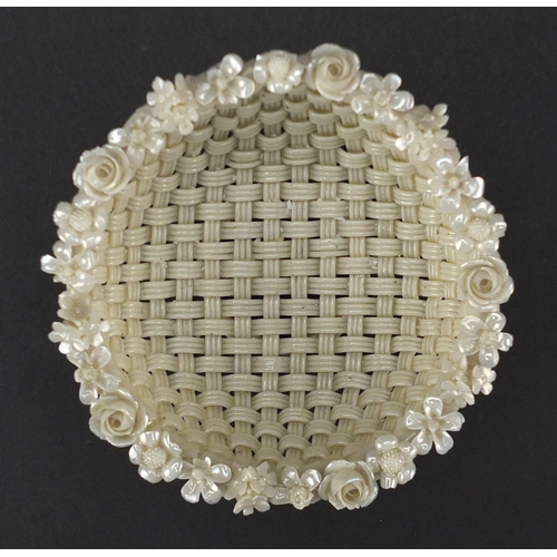 704 - Early Belleek basket design porcelain bowl, with floral encrusted rim, impressed Belleek to the base... 