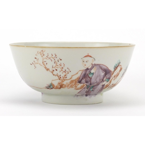 420 - Chinese porcelain footed bowl, hand painted in the famille rose palette with figures in a landscape,... 