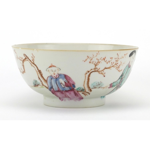 420 - Chinese porcelain footed bowl, hand painted in the famille rose palette with figures in a landscape,... 
