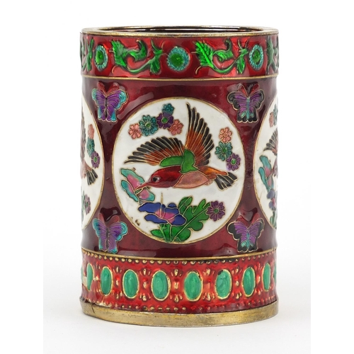 553 - Chinese cylindrical brush pot enamelled with roundels of birds of paradise and butterflies, characte... 