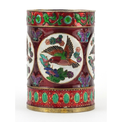 553 - Chinese cylindrical brush pot enamelled with roundels of birds of paradise and butterflies, characte... 