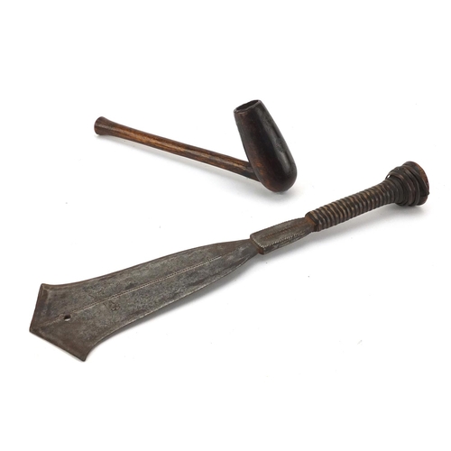 662 - African Xhosa pipe with metal inlay and a Tonga knife, the largest 30.5cm in length