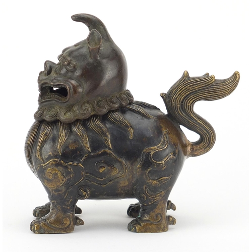 565 - Chinese patinated bronze Dog-Of-Foo incense burner, character marks to the base, 17.5cm high