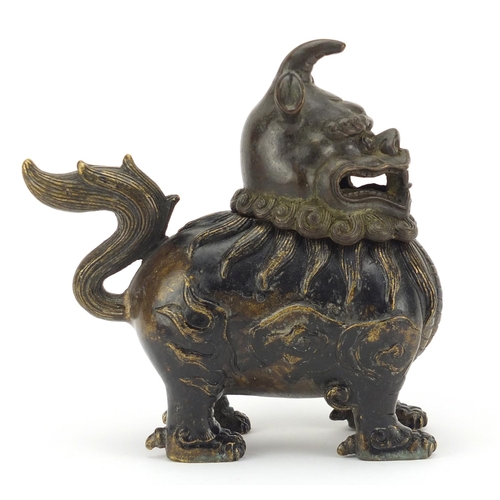 565 - Chinese patinated bronze Dog-Of-Foo incense burner, character marks to the base, 17.5cm high