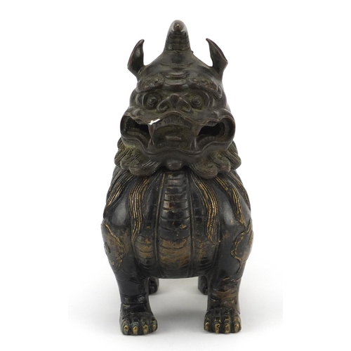 565 - Chinese patinated bronze Dog-Of-Foo incense burner, character marks to the base, 17.5cm high