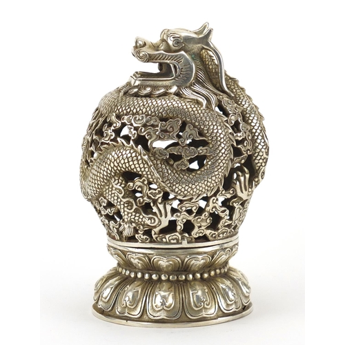 566 - Chinese silver coloured metal dragon incense burner, six figure character marks to the base, 16.5cm ... 