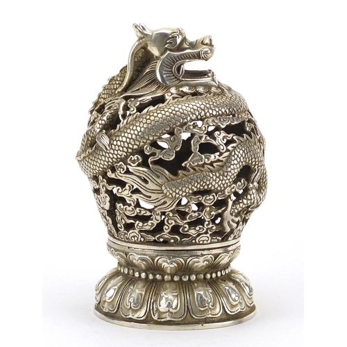 566 - Chinese silver coloured metal dragon incense burner, six figure character marks to the base, 16.5cm ... 