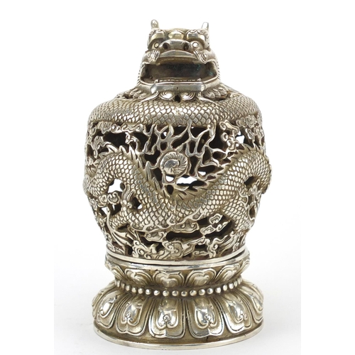 566 - Chinese silver coloured metal dragon incense burner, six figure character marks to the base, 16.5cm ... 