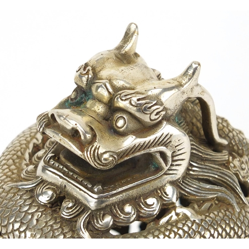 566 - Chinese silver coloured metal dragon incense burner, six figure character marks to the base, 16.5cm ... 