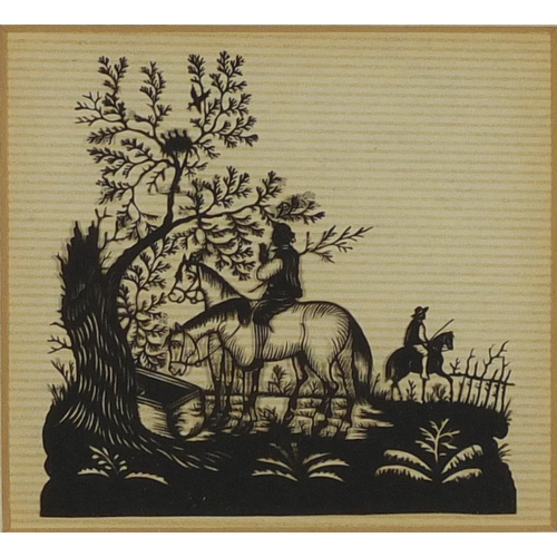 540 - Figure on horseback and huntsmen, pair of silhouettes each mounted and framed, 12.cm x 12.5cm