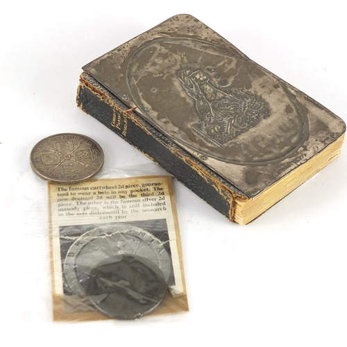 649 - Victorian 1887 silver crown, 1797 cartwheel penny and silver mounted book of prayer