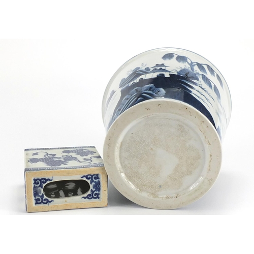 542 - Chinese blue and white porcelain planter and a pillow, the largest, 22cm high