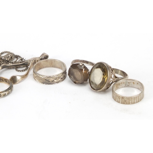 669 - Mostly silver jewellery including smoky quartz rings and a marcasite and garnet crown brooch, approx... 