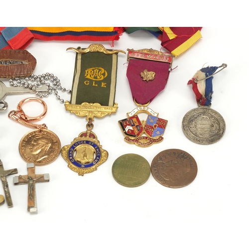 902 - Objects including pockets knives, commemorative medallions, Masonic and RAOB medals