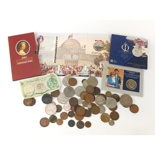 659 - British coins including 1890 double florin, commemorative crowns, pennies and six pence's
