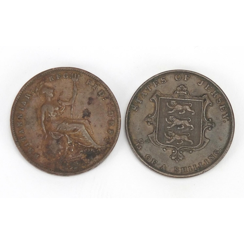 662 - 1858 penny and 1861 Jersey 1/13 of a shilling