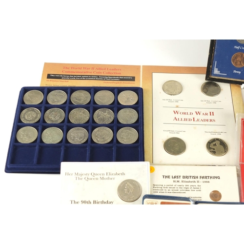 664 - British coins and bank notes including commemorative crowns, Queen Elizabeth II, set of six pence's ... 