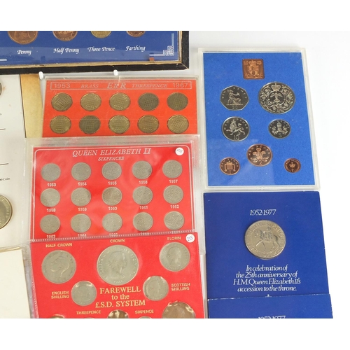 664 - British coins and bank notes including commemorative crowns, Queen Elizabeth II, set of six pence's ... 