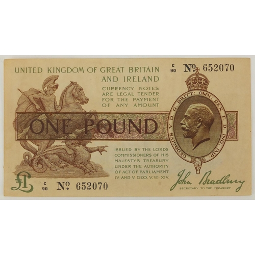 244 - George V John Bradbury one pound treasury bank note, serial number 652070