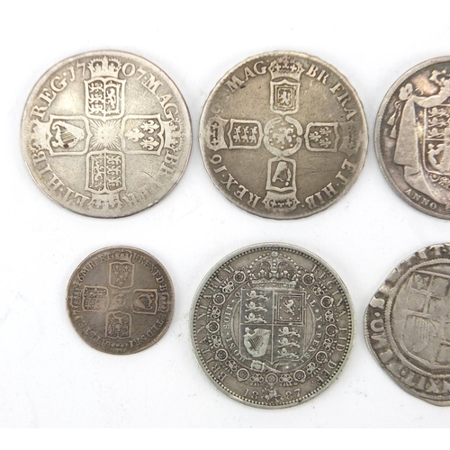223 - Antique British coinage including a hammered James I 1606 shilling, Queen Anne 1707 half crown, Will... 