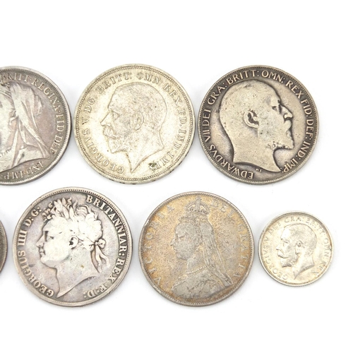 230 - George III and later British coinage, mostly silver comprising four crowns, 1819, 1821, 1898 and 190... 