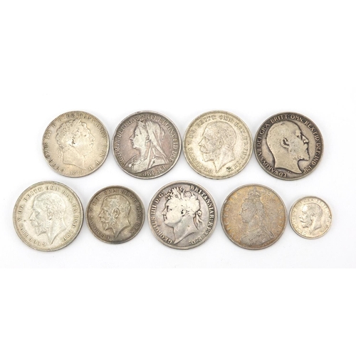 230 - George III and later British coinage, mostly silver comprising four crowns, 1819, 1821, 1898 and 190... 