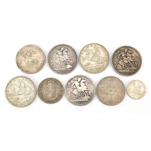 230 - George III and later British coinage, mostly silver comprising four crowns, 1819, 1821, 1898 and 190... 