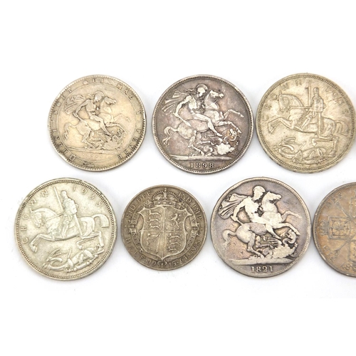 230 - George III and later British coinage, mostly silver comprising four crowns, 1819, 1821, 1898 and 190... 