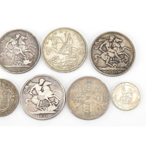 230 - George III and later British coinage, mostly silver comprising four crowns, 1819, 1821, 1898 and 190... 