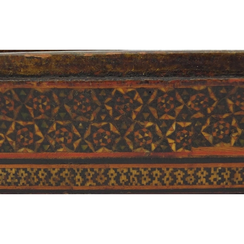 642 - Antique Islamic lacquered pen box with micro mosaic floral inlay, 27.5cm wide