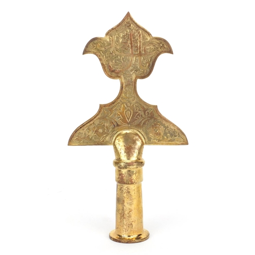 620 - Islamic tombak copper alem finial engraved with script, 30cm high