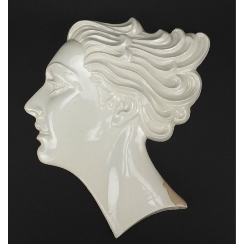 776 - Czechoslovakian Art Deco face plaque of a female by Royal Dux, factory marks to the reverse, 34.5cm ... 
