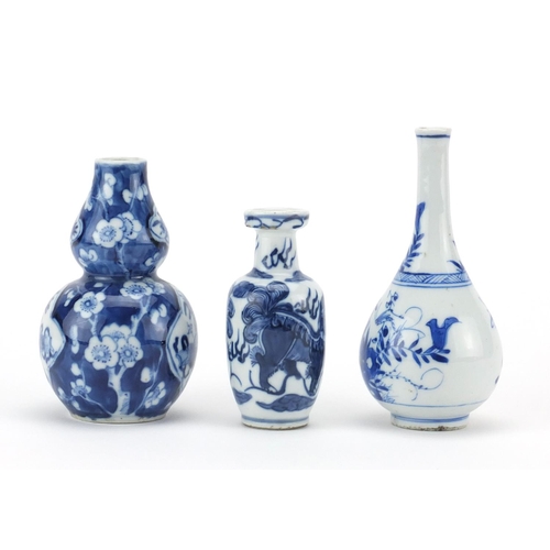 456 - Three miniature Chinese blue and white porcelain vases including one hand painted with kilin lions a... 