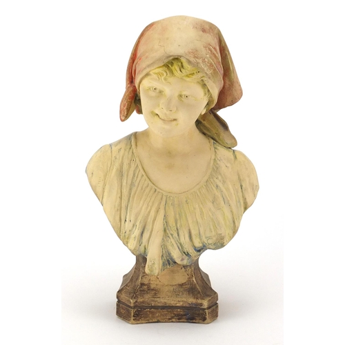 774 - Goldscheider terracotta pottery bust of a young girl, incised marks to the reverse, numbered 2130 82... 
