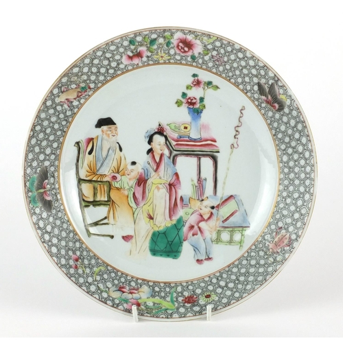 401 - Chinese porcelain plate, hand painted in the famille rose palette with figures, insects and flowers,... 