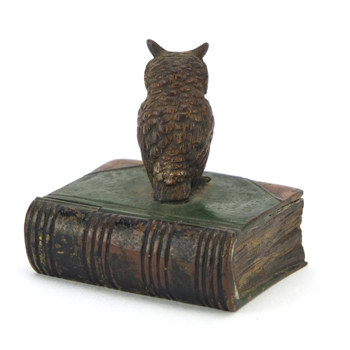 3 - Franz Bergmann style cold painted bronze stamp holder, in the form of an owl and book, 4.5cm high