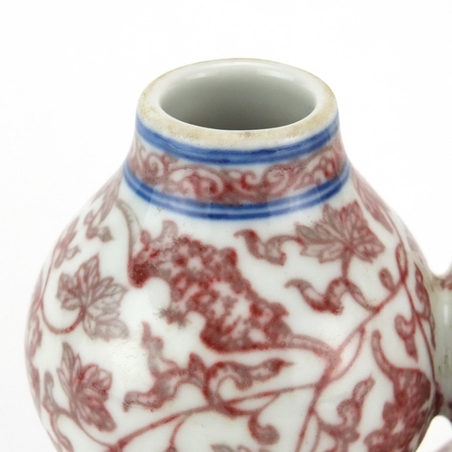 442 - Chinese porcelain iron red twin double gourd vase, hand painted with bats and gourds amongst foliage... 