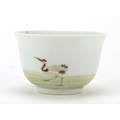 414 - Chinese porcelain tea bowl, finely hand painted with a figure beside a pine tree and a crane, blue r... 