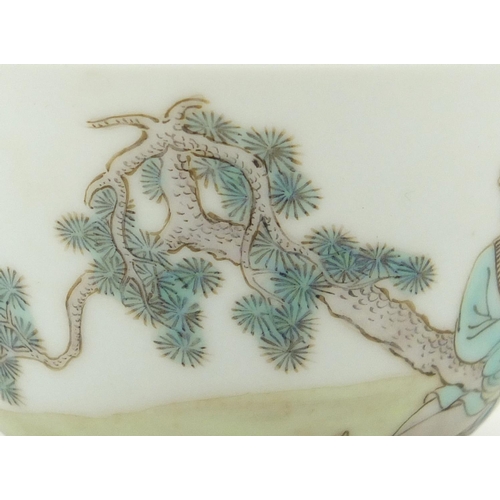 414 - Chinese porcelain tea bowl, finely hand painted with a figure beside a pine tree and a crane, blue r... 