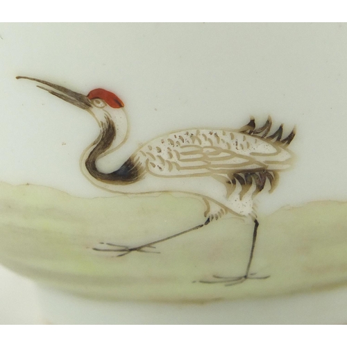 414 - Chinese porcelain tea bowl, finely hand painted with a figure beside a pine tree and a crane, blue r... 