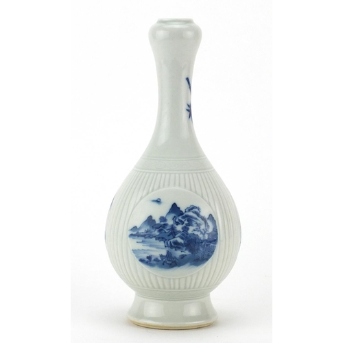 458 - Chinese blue and white porcelain vase, hand painted with three panels of river landscapes, six figur... 