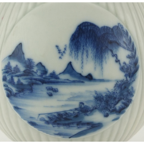 458 - Chinese blue and white porcelain vase, hand painted with three panels of river landscapes, six figur... 