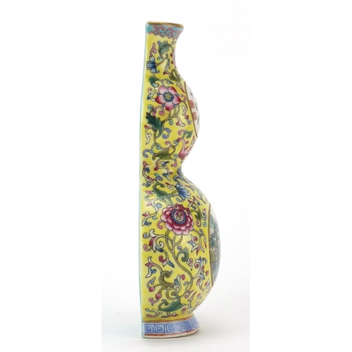 418 - Chinese porcelain yellow ground double gourd wall vase, hand painted in the famille rose palette wit... 