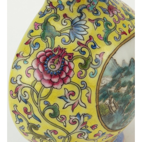 418 - Chinese porcelain yellow ground double gourd wall vase, hand painted in the famille rose palette wit... 